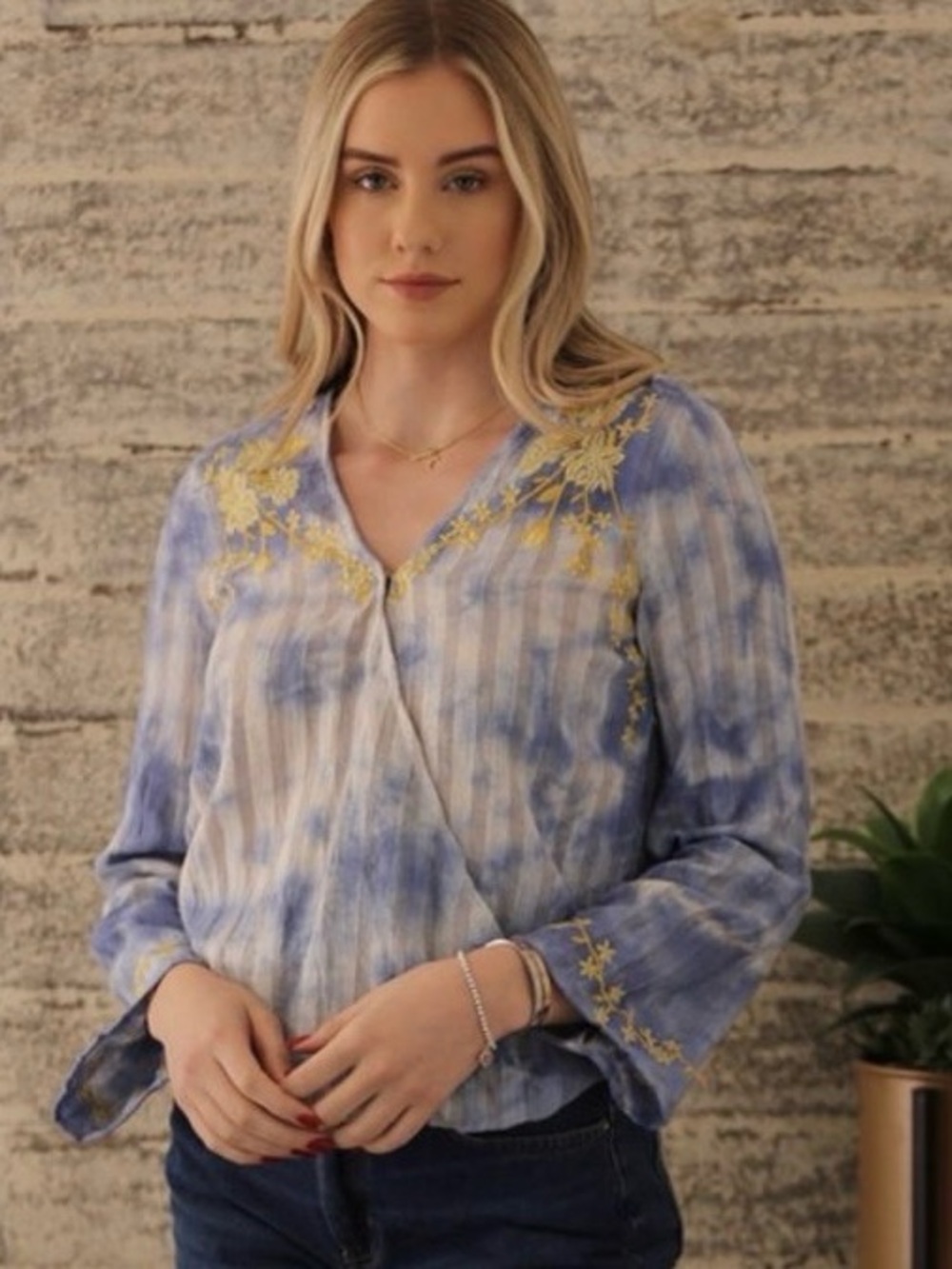 Angie Blue Tie-Dye Striped Floral Embroidery Bohemian Wrap Blouse Top Size S